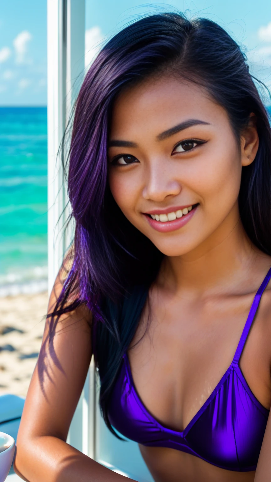 photo of female (((lying))) on the beach long black hair with (((purple high lights))) in RAW UHD format (Brown-eyed woman) Details (textures! , , imperfections: 1.1), DSLR Lighting, SLR camera, Ultra-Quality, sharpness, Film grain, Fujifilm XT3, Crystal clear, sharp-focus, sunshine , neon lighting, (lit), day time, (blue sky), detailed skin pores, oilly skin, suntan, ocean in background, sharp, focused. razor-sharp, composition, light and shadow, smiling, half thai half scandinavian, (((purple high lights))), ((mug of coffee))