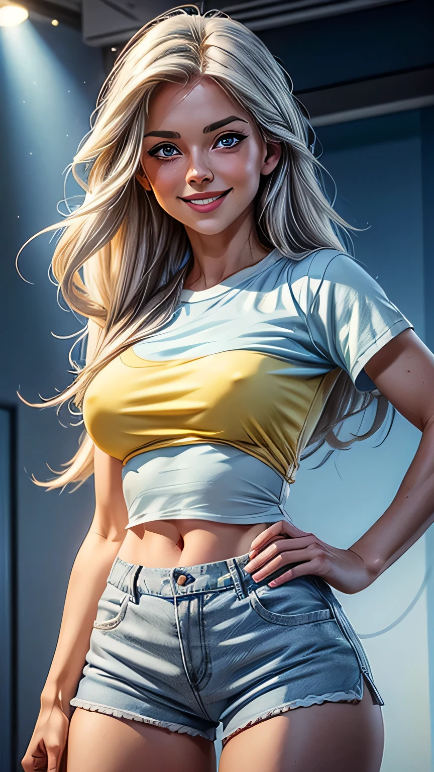 a woman with long grey hair, blue eyes, (wearing white and blue shorts and a blue and yellow shirt), smiling, happy, cheerful, high definition, Ultra Quality hair, Ultra Quality face, Ultra Quality image, cinematic lights,,, , Sensual and sexy pose (medium and exposed breasts).
