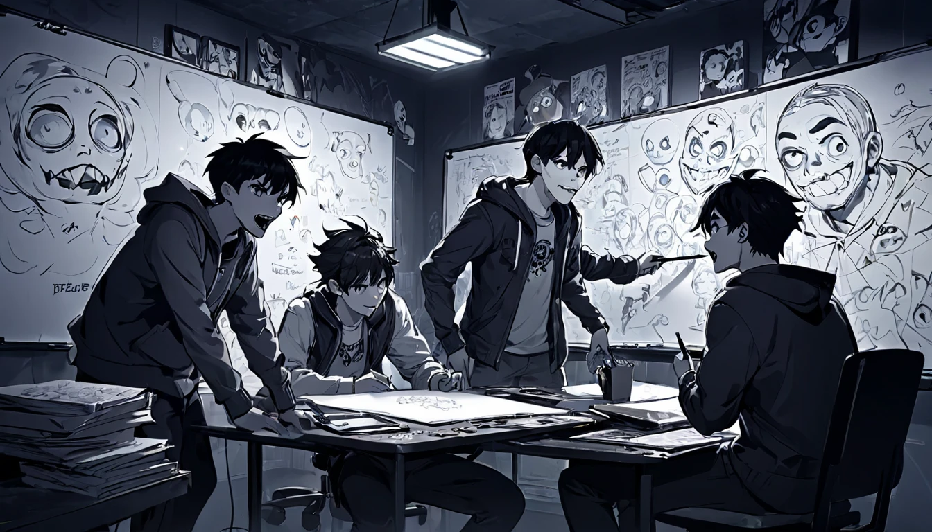 3 gamer guys whiteboard with pictures and papers hung on it, evil dark room , there is a scary faces and Puzzles on the wall, , they talking and working