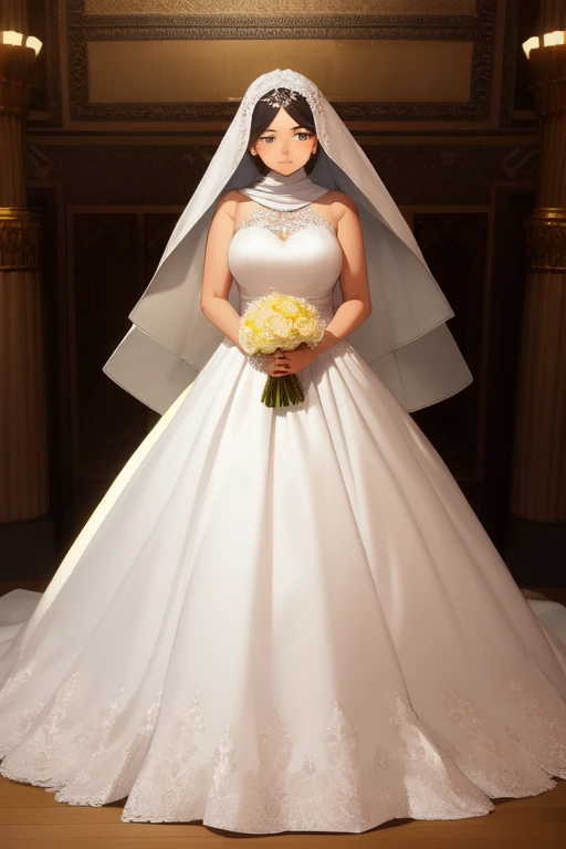 White hijab,Brown Skin,Glowing Skin,Large Breasts,Burqa,Yellow Eyes,Shy face,Curved waist,wedding,Wedding dress,Full body portrait,Mosque,Muslim,gem