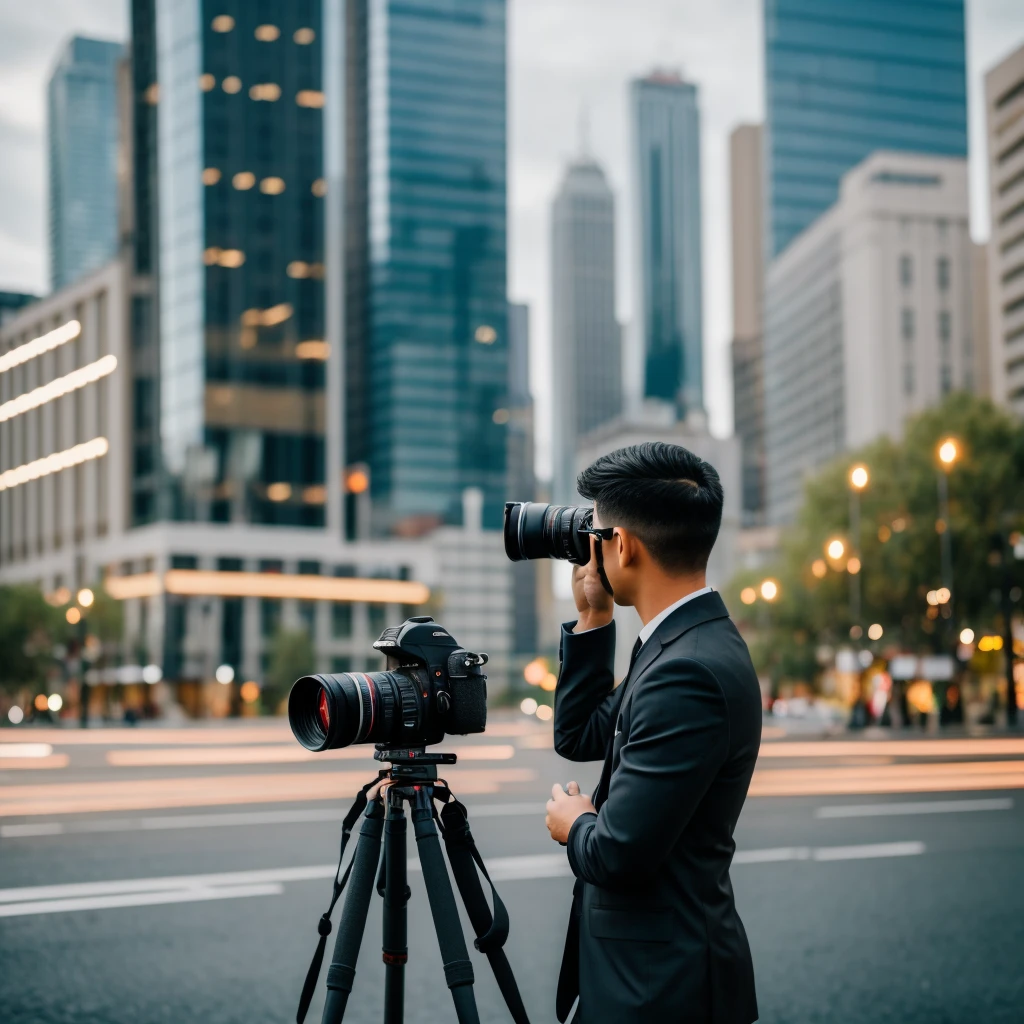 high quality image photographer capturing images of a landscape in the city, Fresh environment, blurred background