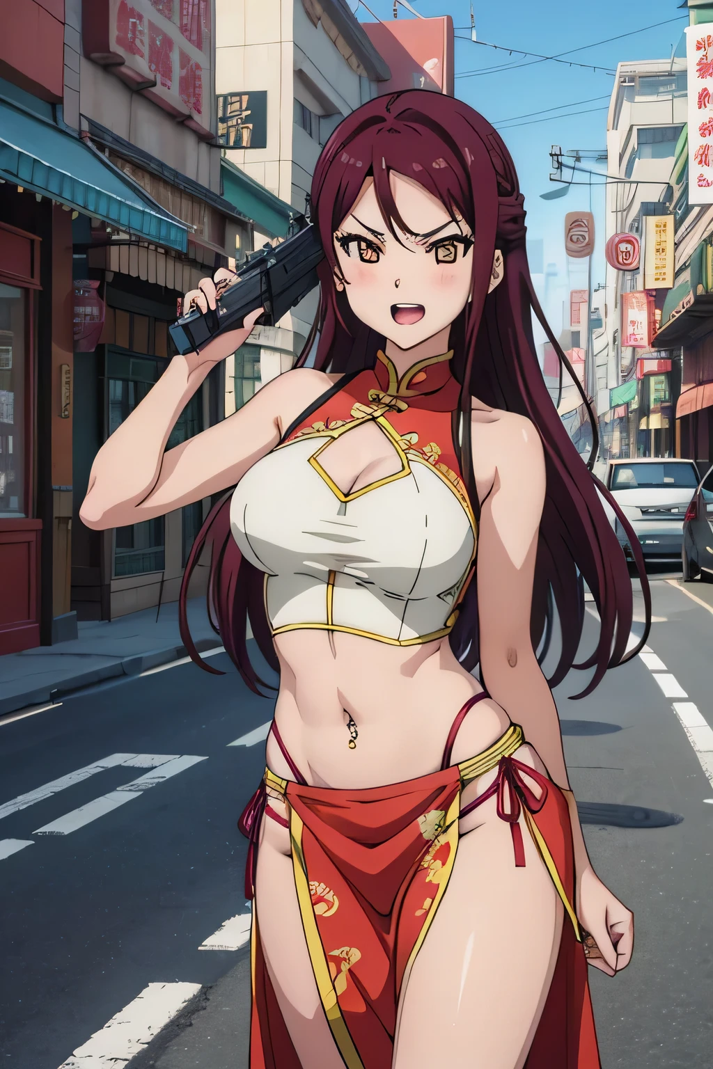 1girl, riko sakurauchi, blush, lipstick, large breast, Hot girl, baddie, staring, glaring, bad attitude, mean girl, dare, angry, hate, crazy, smoking, sensual, attractive, masterpiece, best quality, highly detailed, a anime girls in china dress with navel cutout holding a gun
posing for a picture, navel cutout, crop top, china dress, ecchi anime style, evil smile, open mouth,
smile, anime girls, ecchi style, ecchi, digital anime art!!, in anime style, official artwork, (nsfw) not safe
for work, beautiful anime girl, anime style 4 k, pelvic curtain, exposed belly, exposed navel, exposed
midriff, exposed lower belly, holding a gun, chinatown, outdoor,street,road, navel piercing