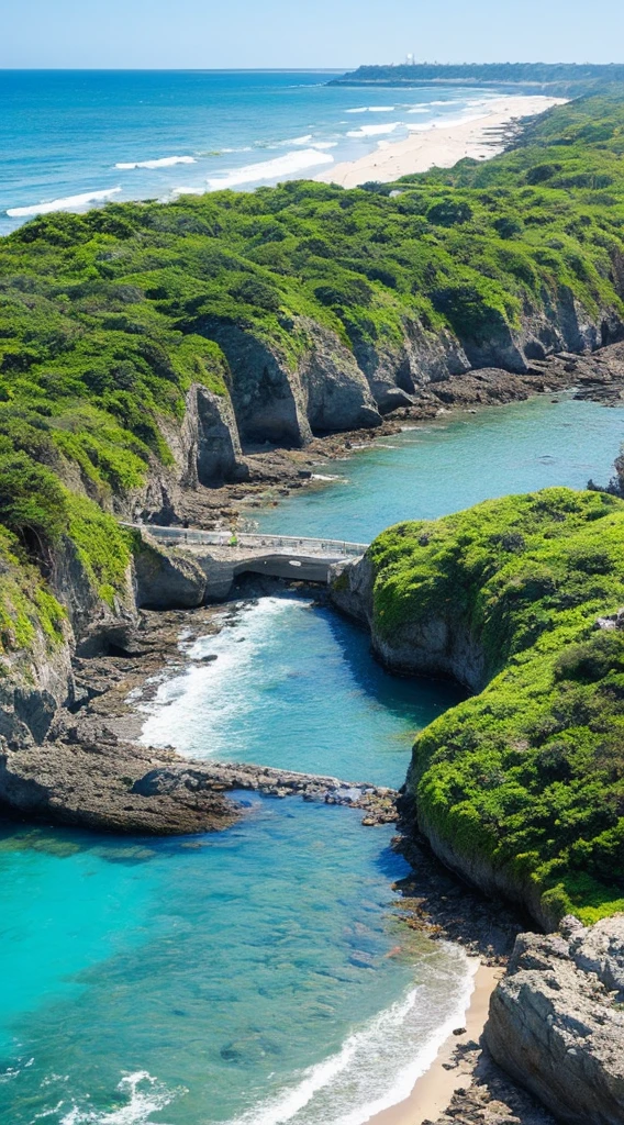 A scene of the sea and beach with sparkling stones that look like jewels