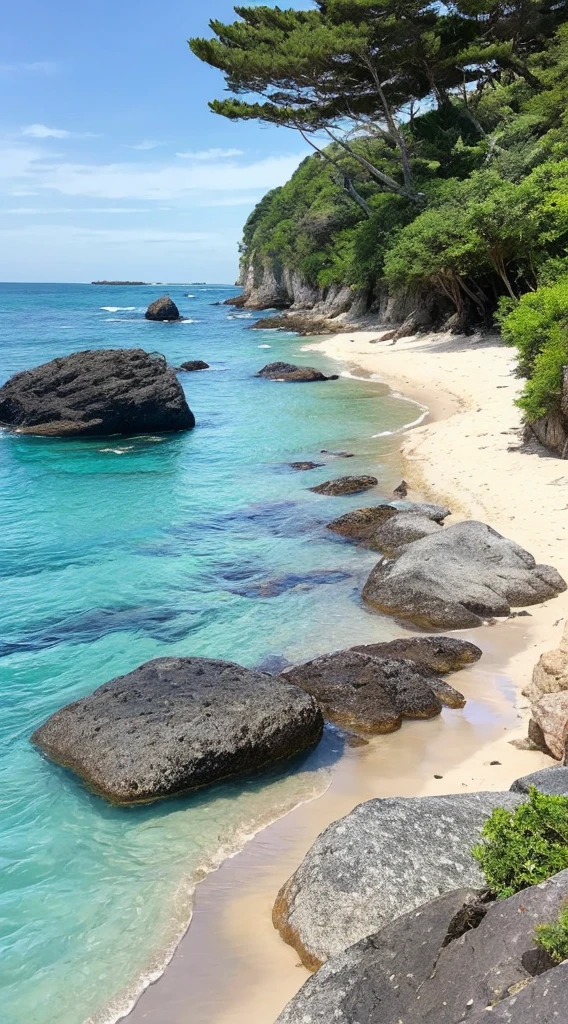A scene of the sea and beach with sparkling stones that look like jewels