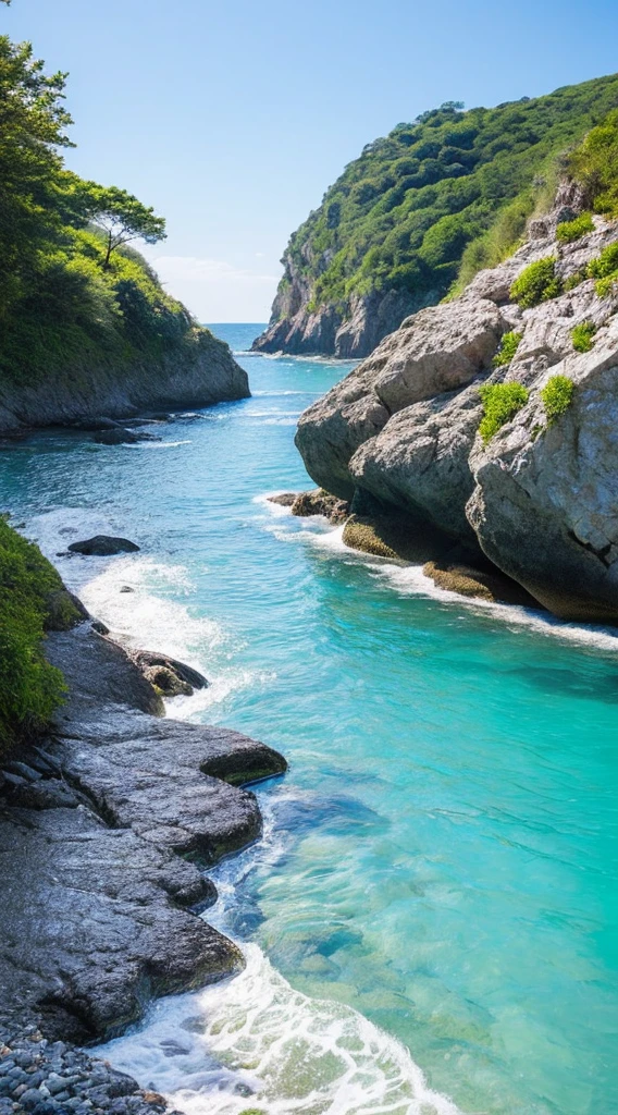 A scene of the sea and beach with sparkling stones that look like jewels