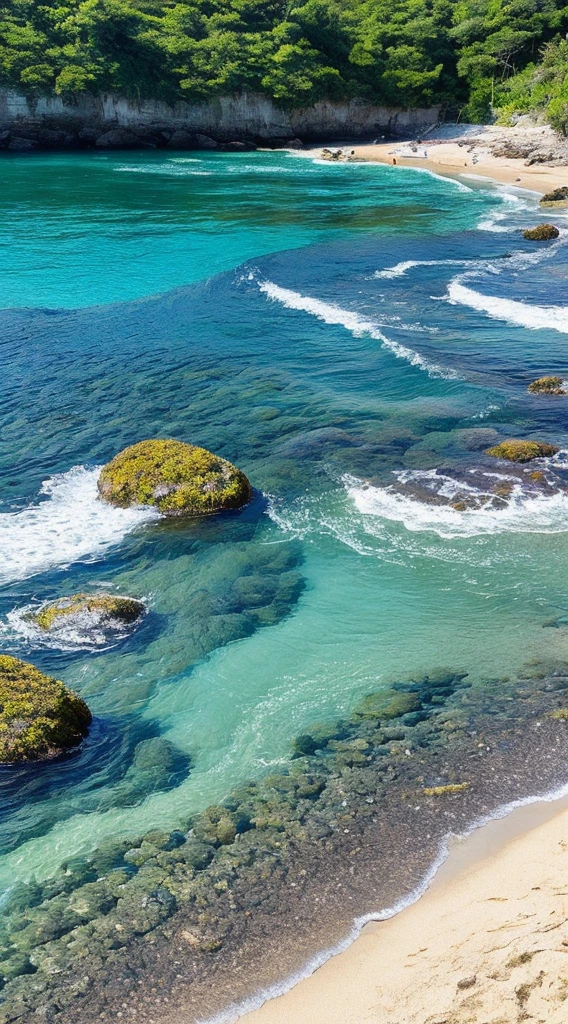 A scene of the sea and beach with sparkling stones that look like jewels
