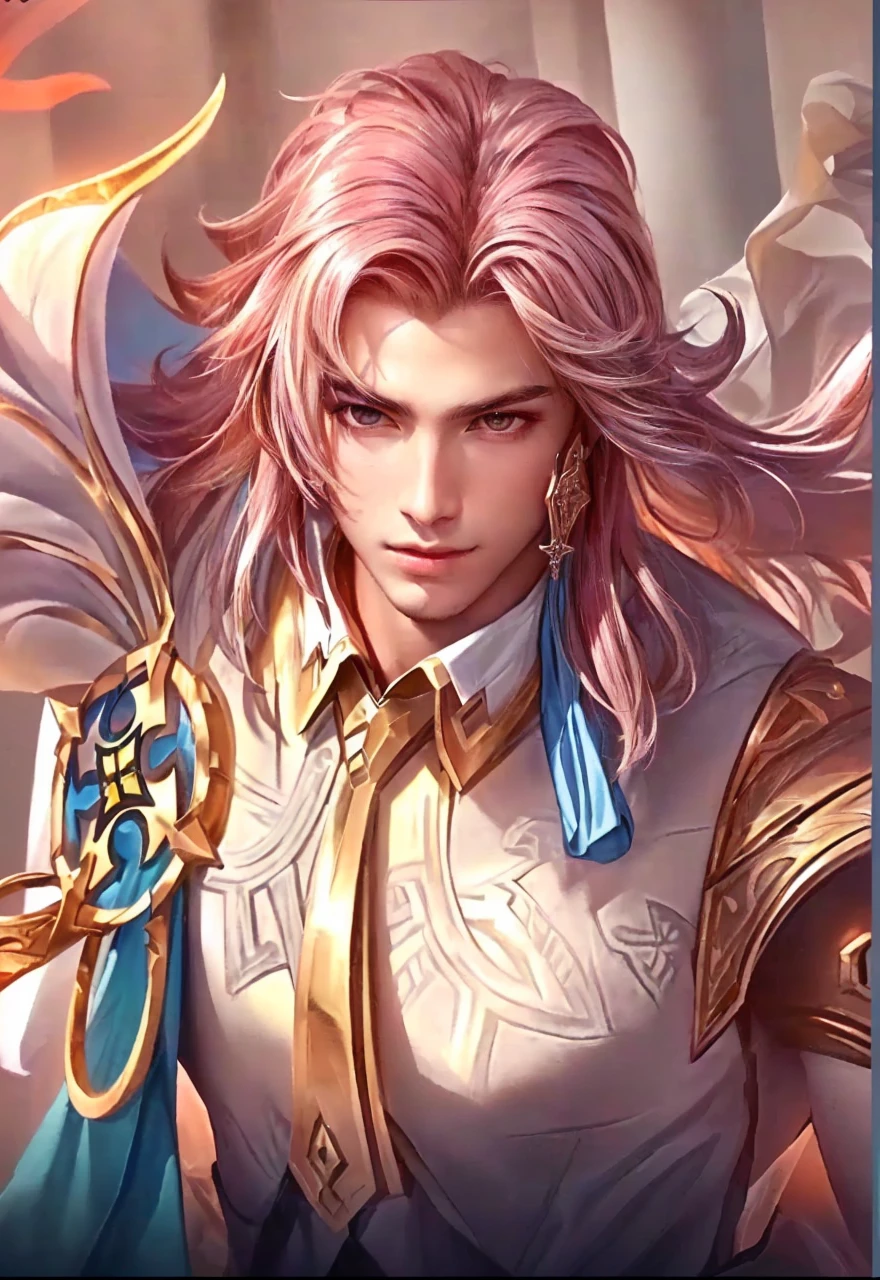 1 young man, with a blue outfit, gold paladin, handsome, holy paladin, male paladin, androgynous prince, detailed face, realistic, photorealistic, photo-realistic:1.37, (best quality,4k,8k,highres,masterpiece:1.2),ultra-detailed,(realistic,photorealistic,photo-realistic:1.37),HDR,UHD,studio lighting,ultra-fine painting,sharp focus,physically-based rendering,extreme detail description,professional,vivid colors,bokeh, highly detailed,cinematic lighting,dramatic lighting