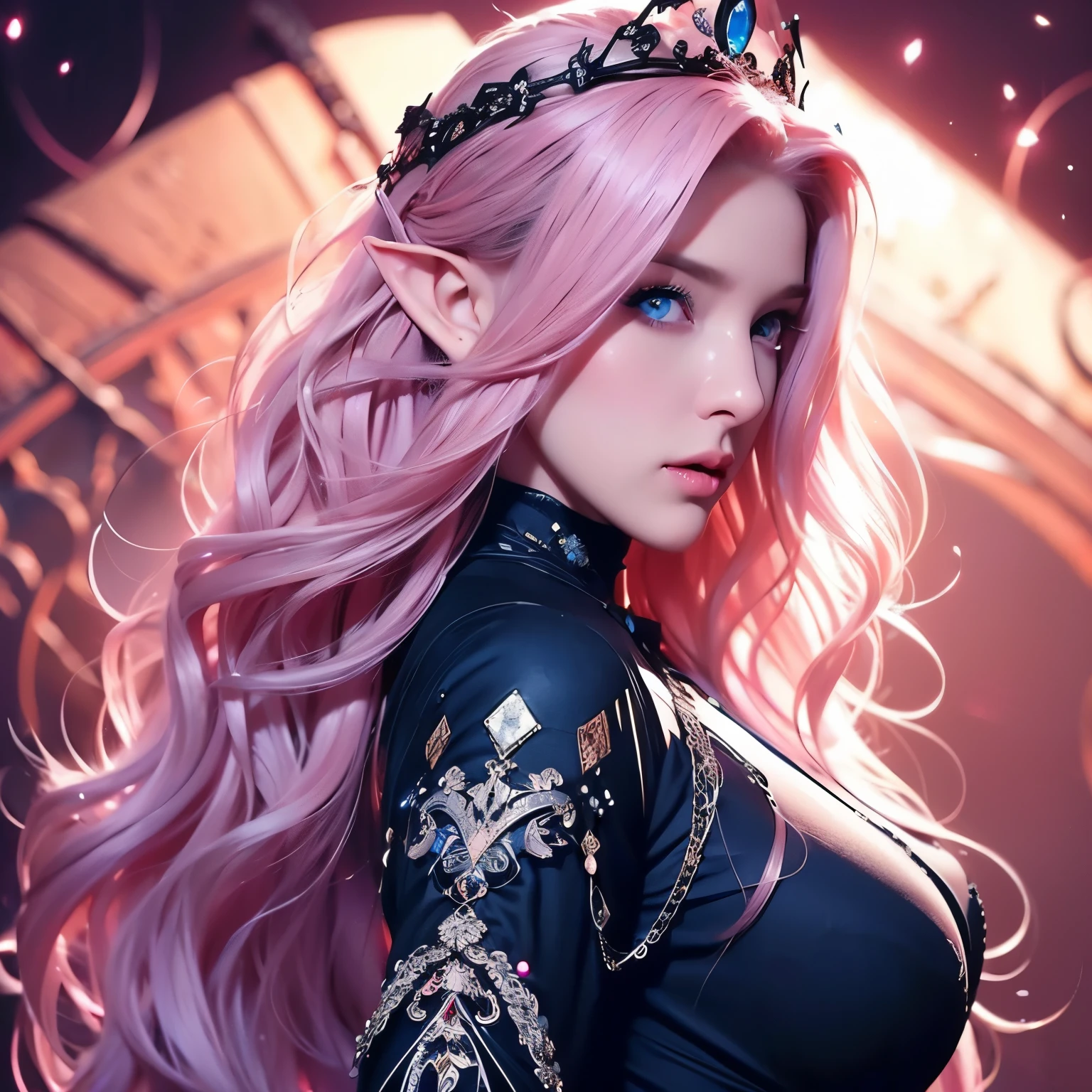 Woman, long wavy hair, pink hair, blue eyes, elf, sexy, black clothes, crown, queen, thoughtless, red, delicate mouth, highlighted blue eyes,Dark, black outfit, sensual, sexy pose , delicate hand,Beautiful pose,Big breasts, Body facing forward 
