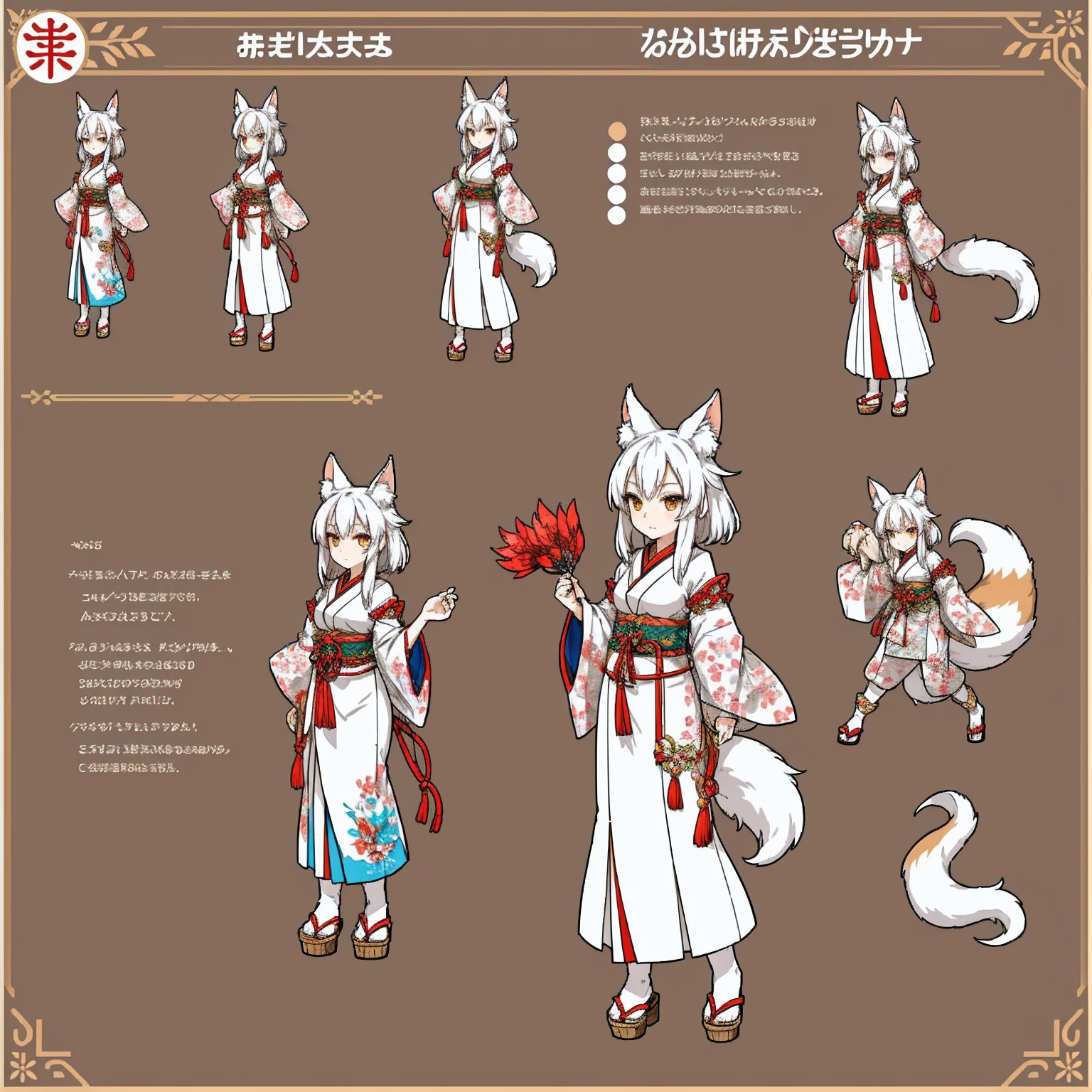Character Sheet, A graceful wild fox girl with mostly silver hair, Japanese Shrine Maiden Costume, variation, Highest quality, pixel