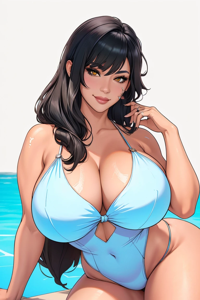 1girl, solo, long hair, looking at viewer, black hair, bandaid on face, yellow eyes, smile, bandaid on nose,  bandaid, bangs, breasts, simple background, fang, bare shoulders, scar, bare shoulders, closed mouth, hair over one eye, portrait, hair over shoulder, legs, seductive, bathing suit, 2 piece swimsuit, beach, realistic, highly detailed face, detailed eyes, best quality, masterpiece, ultra detail, ultra high res, extreme detail, 8k, uhd, voluptuous, curvy, thick thighs, milf