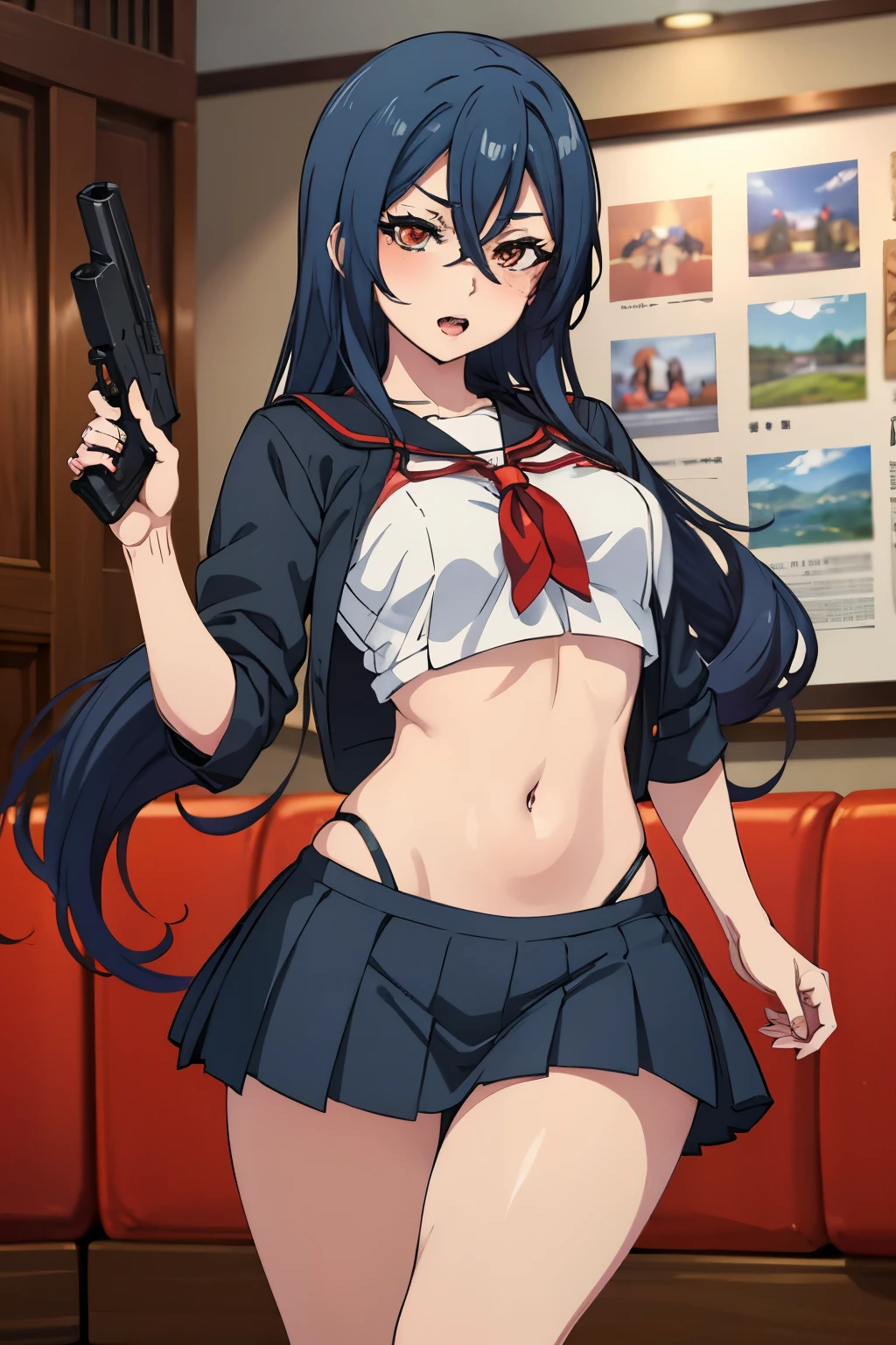 wakana_shiki, long hair, blush, lipstick, Hot girl, baddie, staring, glaring, bad attitude, mean girl, dare, angry, hate, crazy, smoking, sensual, attractive, masterpiece, best quality, highly detailed, a anime girls in sailor uniforms with a gun posing for a picture,
evil smile, smile, open mouth,black_serafuku, ecchi anime style, anime girls , (nsfw) not safe for work,
ecchi style, ecchi, shipgirls, digital anime art!!, high school girls, holding a gun, hold a gun, anime style 4
k, micro skirt, exposed belly, exposed navel, exposed midriff,
exposed lower belly,school, classroom, navel piercing