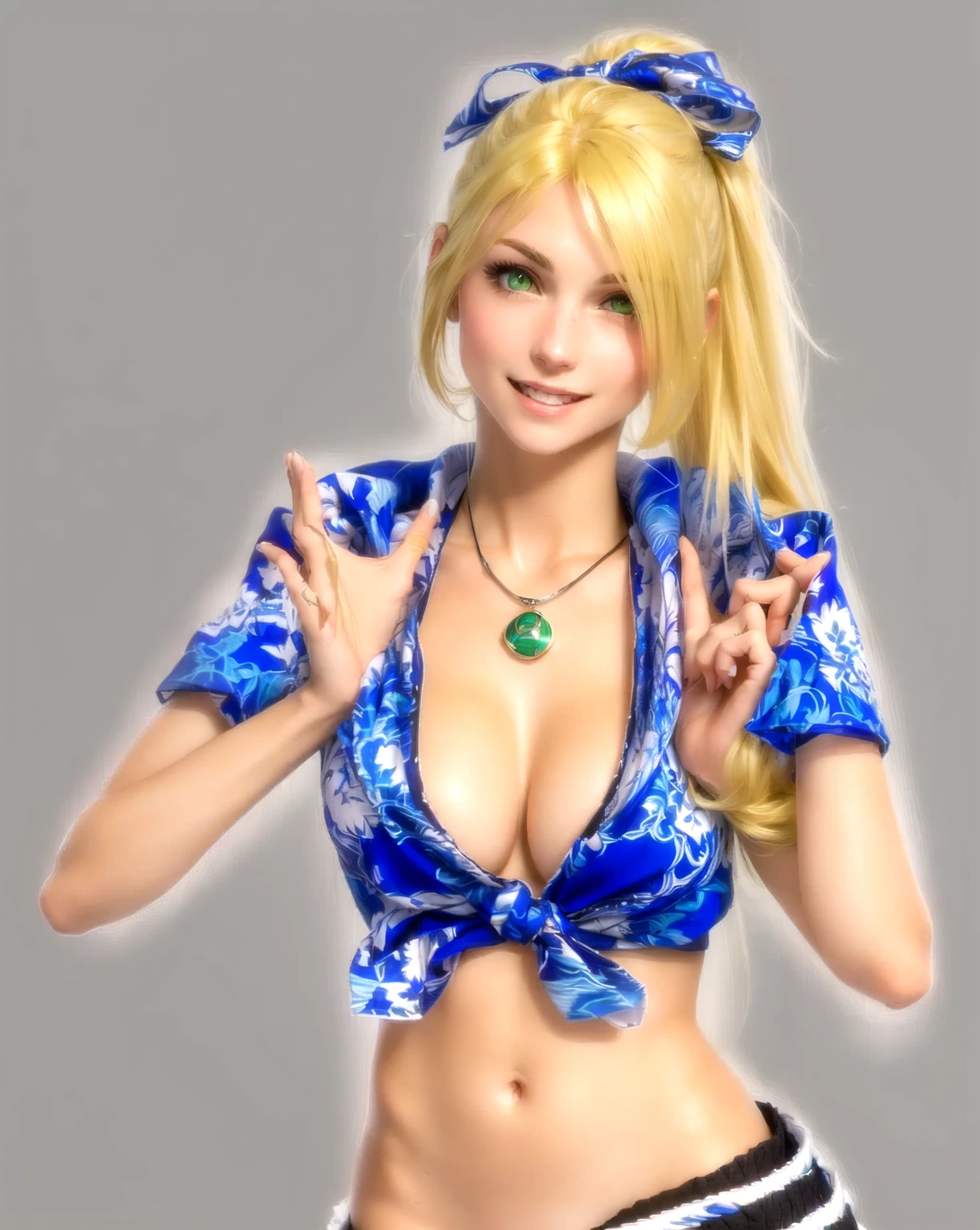 she's European, blonde hair, olive green eyes, (eyes turned to look at the camera), swedish, as a character in Out Run 2, of SEGA, 3D CG from the 2000s, Clarissa, 2k, 2 k, (( happy curious face)), realistic, render of april, fighting game character, nina from tekken, bright clean face, from devil may cry, hawaiian shirt, no bra, foulard tied on her head, grabbing her left arm with her right hand, happy wide open eyes