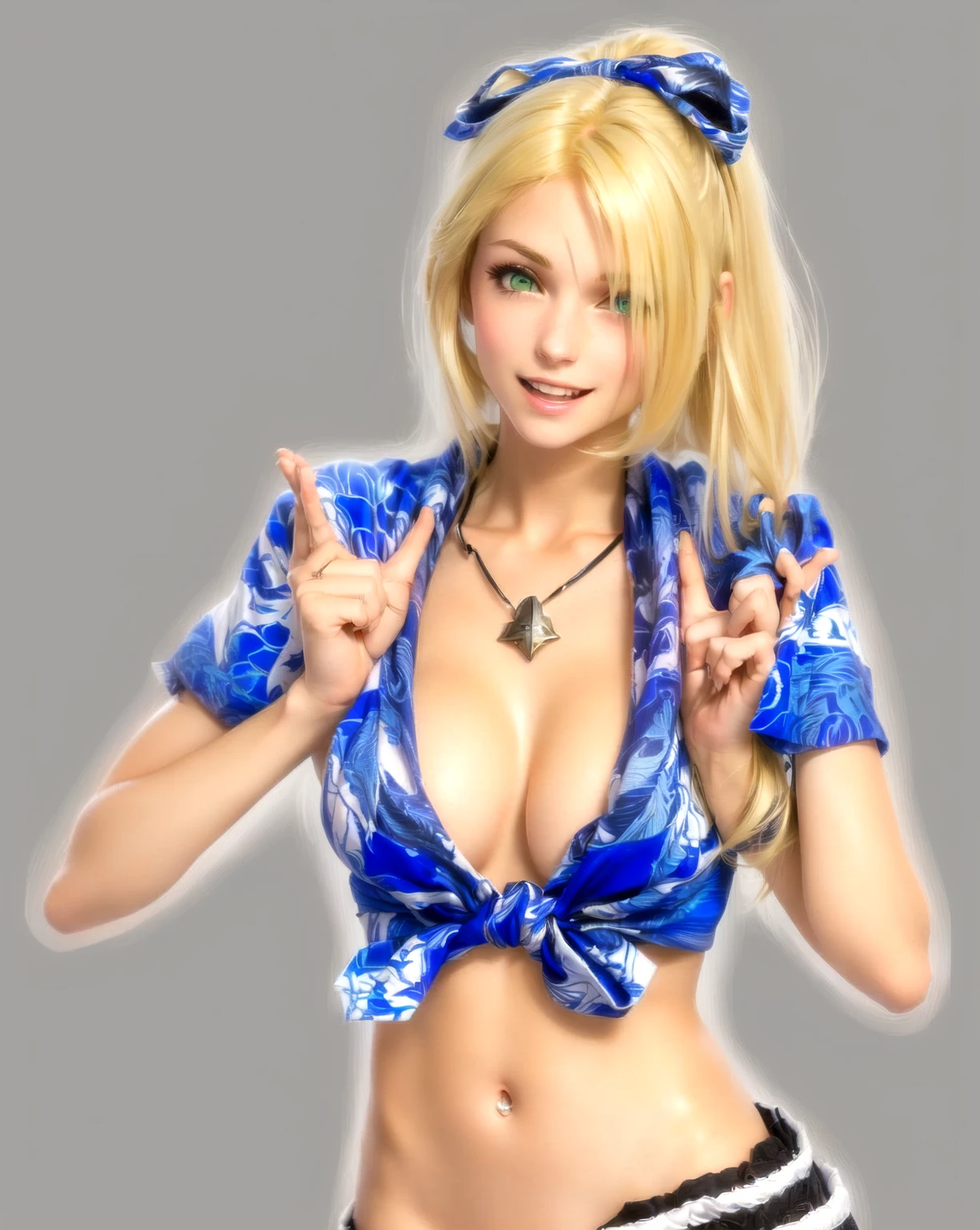 she's European, blonde hair, olive green eyes, (eyes turned to look at the camera), swedish, as a character in Out Run 2, of SEGA, 3D CG from the 2000s, Clarissa, 2k, 2 k, (( happy curious face)), realistic, render of april, fighting game character, nina from tekken, bright clean face, from devil may cry, hawaiian shirt, no bra, foulard tied on her head, grabbing her left arm with her right hand, happy wide open eyes