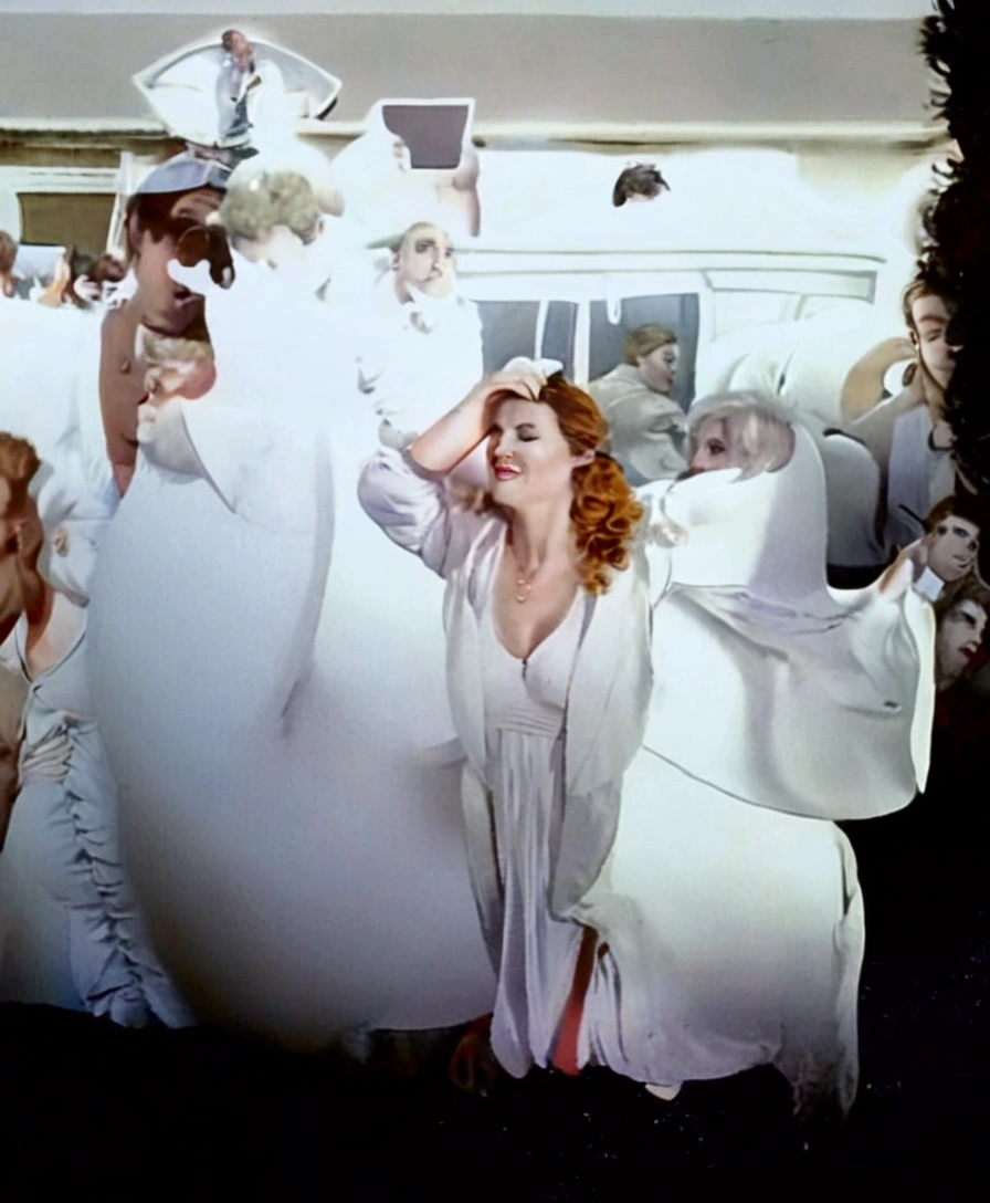 There was a woman standing in front of a clothesline., Whiteses, wearing Whitess, David Hamilton, flowing white coat, By Russell Drysdale, in Whiteses, Whites in wind shining, In the style of Petra Collins, Picture from Vogue magazine, Inspired by Gordon Parks, By Bruce Davidson, By Barbara Bulmer, Summer Morning, Whites