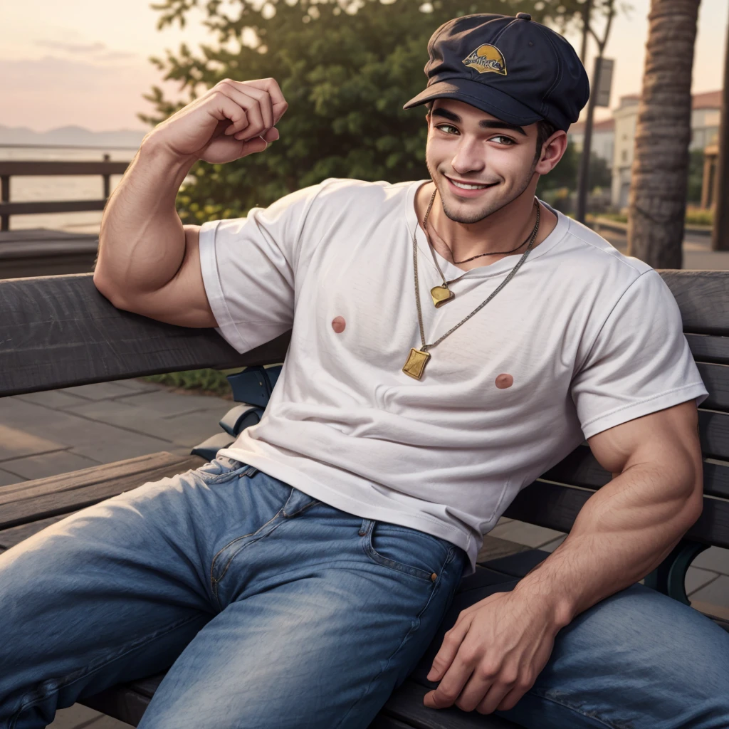 1 man, sitting on a bench, casual clothes, baggy jeans, (graphic t-shirt: 1.2), luxurious necklace, sunset background, gentle smile, a cute and sweet man, big yellow eyes, shaved head, black cap on side