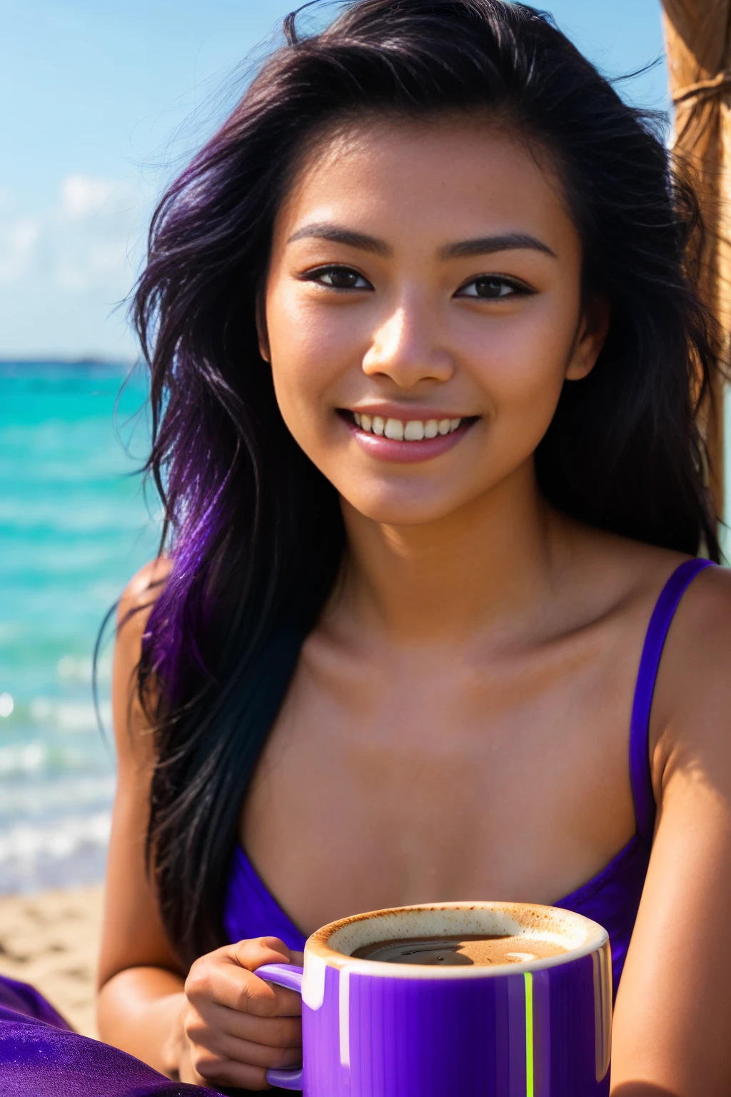 photo of female  (((lying))) on the beach long black hair with (((purple high lights)))  in RAW UHD format (Brown-eyed woman)  Details (textures! , , imperfections: 1.1), DSLR Lighting, SLR camera, Ultra-Quality, sharpness, Film grain, Fujifilm XT3, Crystal clear, sharp-focus, sunshine , neon lighting,  (lit), day time, (blue  sky), detailed skin pores, oilly skin, suntan, ocean in background, sharp, focused. razor-sharp, composition, light and shadow, smiling, half thai half scandinavian, (((purple high lights))), ((mug of coffee))