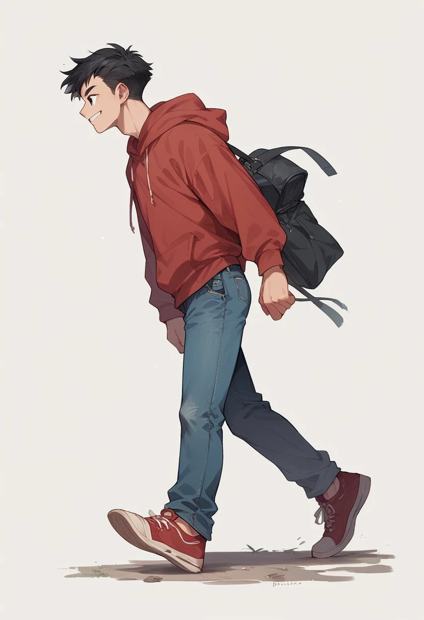Score_9, Score_8_up, Score_7_up, 1 boy, black hair, black eyes, smile, red sweatshirt, jeans, sneakers, walking, side focus, side view, simple white background,