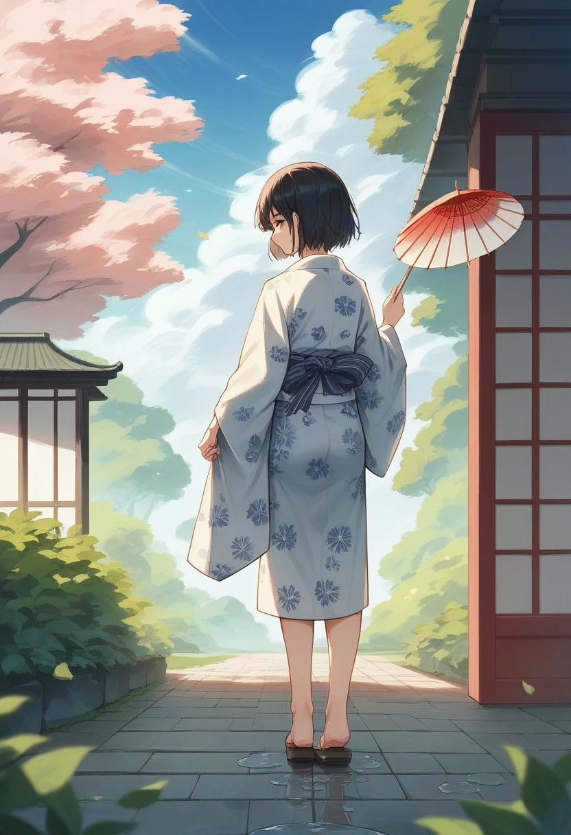 (One japanese woman:1.5), (Adult japanese women:1.5), (slender:1.3), Black Hair, short hair, Wearing a floral pattern yukata, Holding a white Japanese umbrella, Backshot, Look back at the camera, Hydrangea in the foreground, One Snail on a hydrangea leaf, Looking at hydrangeas, Sky after rain, Puddle on the ground