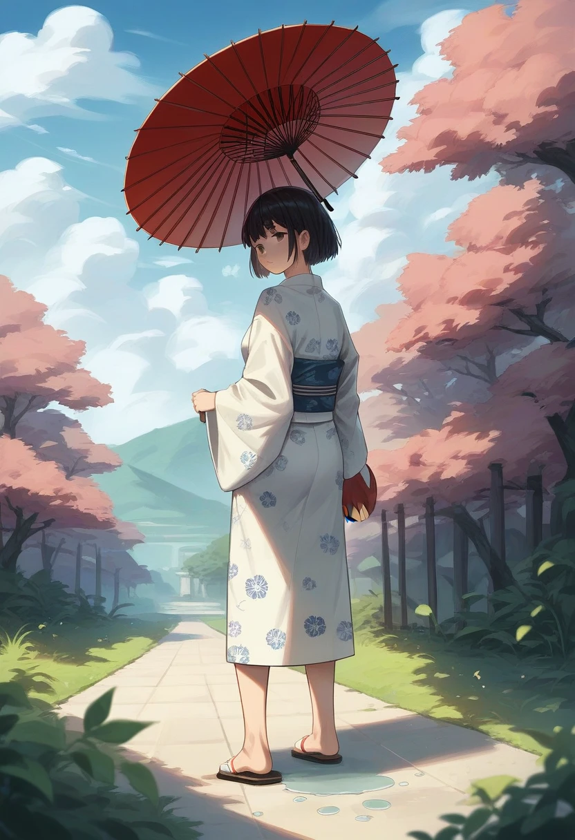 (One japanese woman:1.5), (Adult japanese women:1.5), (slender:1.3), Black Hair, short hair, Wearing a floral pattern yukata, Holding a white Japanese umbrella, Backshot, Look back at the camera, Hydrangea in the foreground, One Snail on a hydrangea leaf, Looking at hydrangeas, Sky after rain, Puddle on the ground