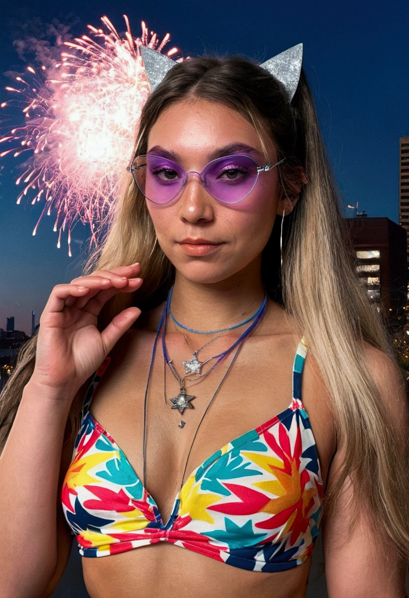 ((in the style of Jim Lee)) Render a full-body portrait of Marvel's Dazzler striking a fierce pose under a neon-lit city backdrop, with fireworks exploding overhead. Long blonde hair, she's invoking her powers, so she has a trail of bright light behind her, illuminating her white punk rock outfit. Be sure to capture your unique sound waves emanating from your hands and include some vinyl records scattered around you to reference your music-themed powers.