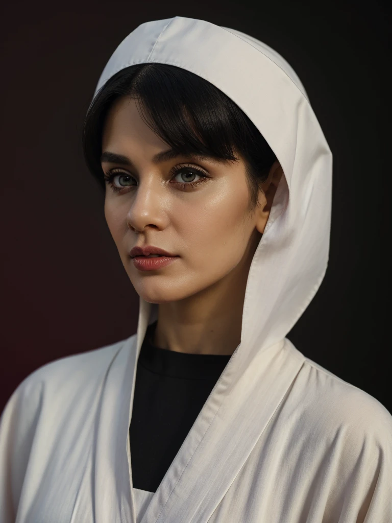 Best quality, masterpiece, ultra high res, (photorealistic:1.5), raw photo, 1 mature Ancient European Orthodox girl, white kimono, in the dark, deep shadow, low key, cold light, sexy look, black hair with nun headdress  (((black hair))), bright eyes, yin sanpaku eyes, eyeshadow, (((plain red background))), cinematic studio lighting