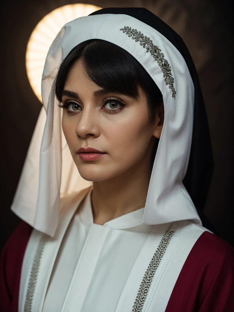 Best quality, masterpiece, ultra high res, (photorealistic:1.5), raw photo, 1 mature Ancient European Orthodox girl, white kimono, in the dark, deep shadow, low key, cold light, sexy look, black hair with nun headdress  (((black hair))), bright eyes, yin sanpaku eyes, eyeshadow, (((plain red background))), cinematic studio lighting