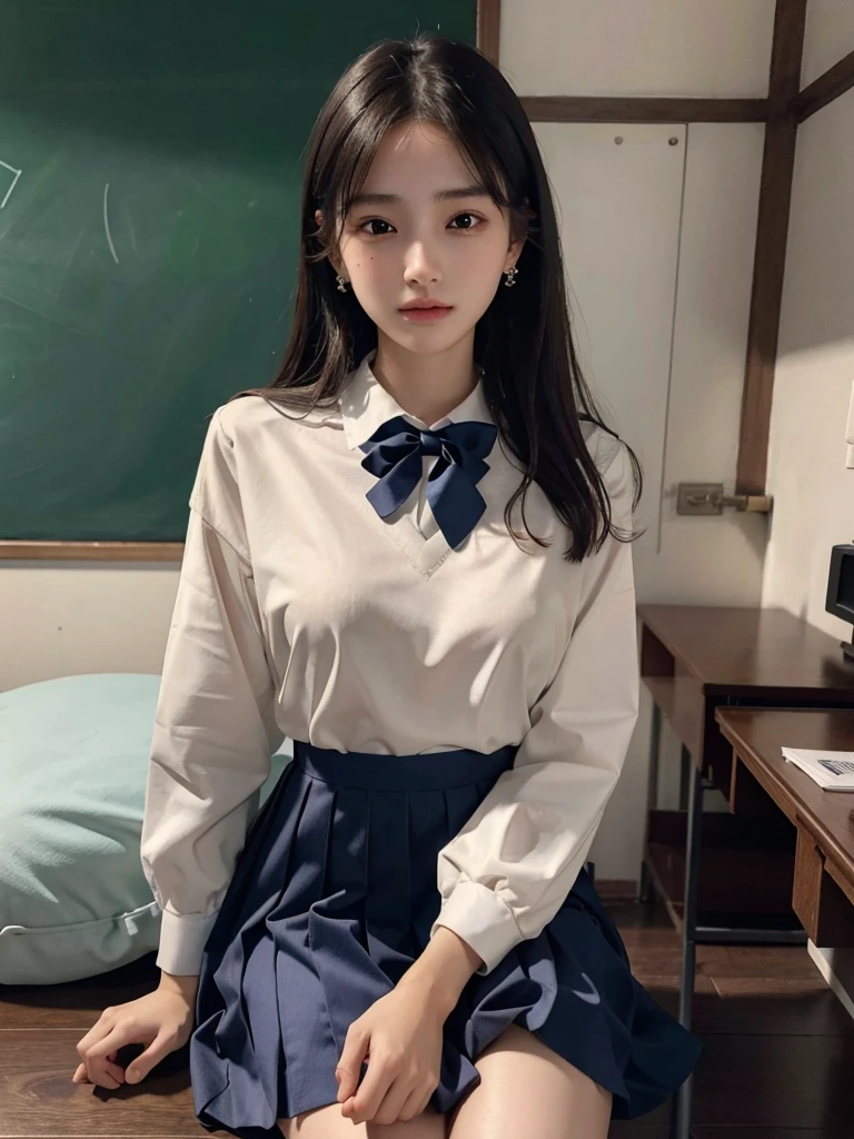 absurdres, RAW photo, extremely delicate and beautiful, masterpiece, Best Quality, ultra high resolution, 32k, hyperrealistic, ultra-detailed, perfect anatomy, super Detailed skin, perfect figure, Super Beauty, Perfect Style, Perfect balance, 20 years old, very small head, very small face, delicate facial features, detailed face, detailed eyes, tearful mole, earring, very huge round breasts, legs, medium hair, whole body shot, indoor, ((school_uniform)),