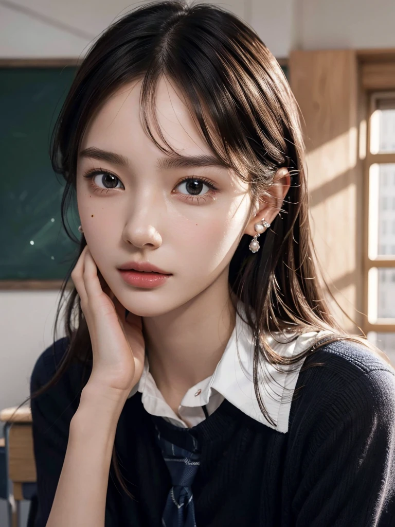 absurdres, RAW photo, extremely delicate and beautiful, masterpiece, Best Quality, ultra high resolution, 32k, hyperrealistic, ultra-detailed, perfect anatomy, super Detailed skin, perfect figure, Super Beauty, Perfect Style, Perfect balance, 20 years old, very small head, very small face, delicate facial features, detailed face, detailed eyes, tearful mole, earring, very huge round breasts, legs, medium hair, whole body shot, indoor, ((school_uniform)),