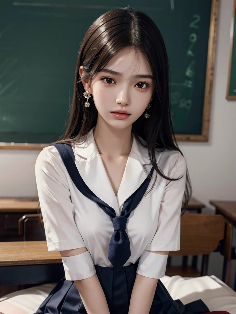 absurdres, RAW photo, extremely delicate and beautiful, masterpiece, Best Quality, ultra high resolution, 32k, hyperrealistic, ultra-detailed, perfect anatomy, super Detailed skin, perfect figure, Super Beauty, Perfect Style, Perfect balance, 20 years old, very small head, very small face, delicate facial features, detailed face, detailed eyes, tearful mole, earring, very huge round breasts, legs, medium hair, whole body shot, indoor, ((school_uniform)),