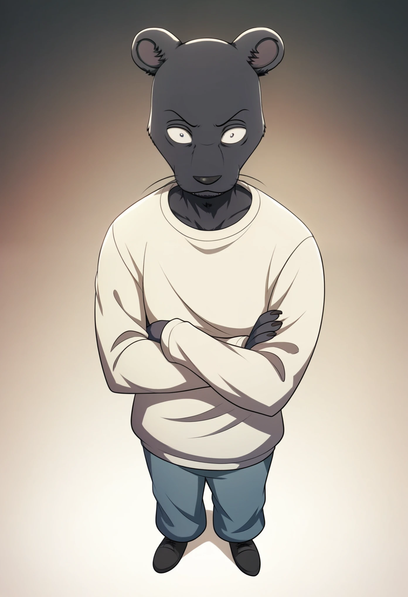 punctuation_9, punctuation_8_High above, punctuation_7_High above, punctuation_6_High above, beastars, person_(beastars), Full length_portraite, hey_resolution, portraite, anthropo, blackw_cos, blackw_coat, blackw_Face, crossed_arms, coat, mascle, melanistic, Simpler_fund, standing alone, standing, wheyskers,