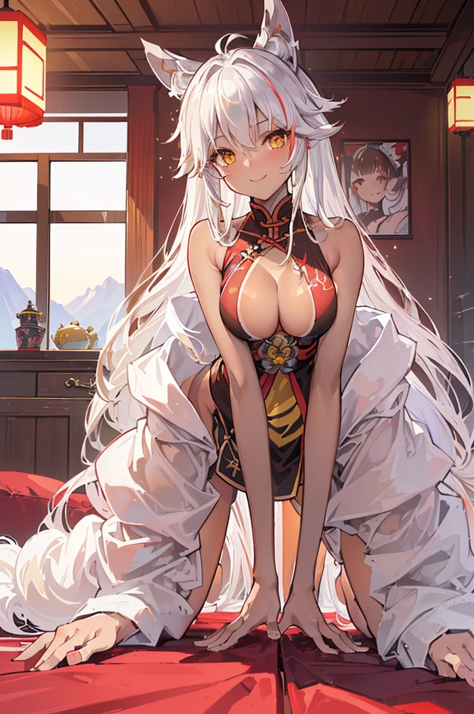 (Yae Miko)、((Prinz Eugen))、
((Highest quality))、((Highly refined))、((Perfect Refinement))、
((Super detailed))、((Symmetrical face))、((Sparkling Eyes))、
((Ultra-high resolution))、((Ultra HD))、
((Perfect body))、((Perfect Face))、
One woman、Only one person、solo
((Charming smile))、
(((Brown skin:1.3)))、(((Tan Skin:1.3)))、
((White Hair))、
((messy hair))、((Super long hair))、
((Yellow Eyes))、
(((Black negligee)))、Off the shoulder、
((Sagging breasts))、
((Space between the breasts))、
((A gap in the valley)))、
((On all fours above the viewer))、
((Extending arms to the viewer))、
(((chinese style red bedroom)))、(On the bed)、
((Chamber of Secrets))、
Chest in front of you:1.8、
((View from below of the model))、
((View from the front))、
