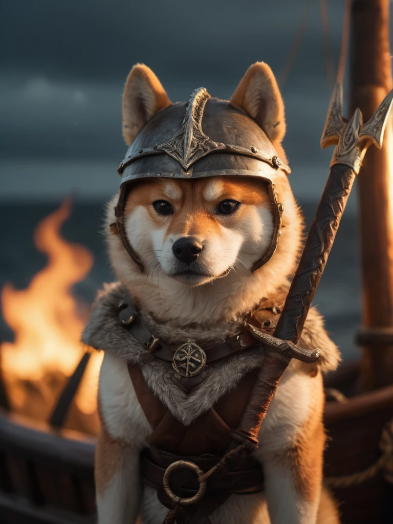 epic closeup of an angry anthro female Shiba Inu, fluffy full body fur wearing viking helmet and outfit, standing on a viking ship holding a viking sword with glowing runes, fire, smoke, stormy sea, shallow depth of field, vignette, highly detailed, high budget, bokeh, cinemascope, moody, epic, gorgeous, film grain, grainy, high quality photography, 3 point lighting, flash with softbox, 4k, Canon EOS R3, hdr, smooth, sharp focus, high resolution, award winning photo, 80mm, f2.8, bokeh, intricate details, HDR+, intricate details, Detailed Fluffy Fur, Detailed Hair, hyperdetailed, natural fur texture, detailed skin, hyperrealism, sharp (hyperrealistic, cinematic light, depth of field)
