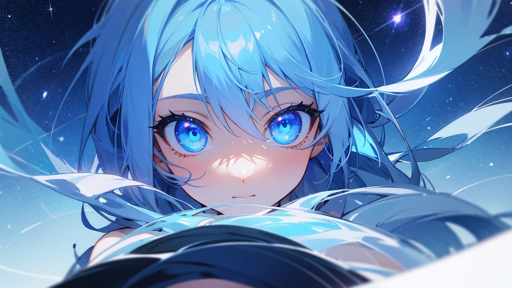 A fantastic night sky and starry sky reflected in clear eyes。The clear eyes、Please make sure only the eyes are visible。Please finish the whole thing in blue..9 on the screen0%The night sky、10%Please look at it with your eyes.。