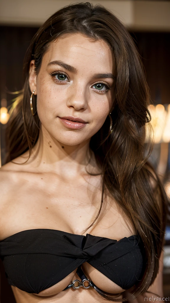Her face shines with great, expressive eyes, which are framed by long eyelashes. The eye color is an intense blue, Green or a warm hazelnut brown, that immediately catches the eye. Your skin is flawless and radiant with health, with a light glow, which makes your face appear lively and fresh. Your full, symmetrical lips are accentuated with a natural or slightly glossy lipstick, which makes her smile even more attractive. The nose is straight and well-proportioned, harmonizes perfectly with the high, defined cheekbones, that give your face an elegant structure.Her hair is long and shiny, falls in natural waves or is smooth and healthy. The hair color is a rich brown, radiant blonde or deep black, possibly with soft highlights or a modern balayage effect, which adds additional depth and dimension.Her body is slim, but curvy, with an accentuated hourglass figure. A narrow waist leads to shapely hips and a well-proportioned chest. Her posture exudes self-confidence and grace, which makes their overall appearance even more impressive.The clothes, that she wears, is fashionable and trend-conscious, underlines your figure and combines elegance with everyday practicality. Her style is sophisticated and modern, while using minimalist and tasteful accessories such as subtle earrings, wears a delicate necklace or fine bracelets, that give your look that certain something.A warm, A friendly smile adorns her face and gives her a pleasant and approachable charisma. A small beauty flaw like freckles, a charming birthmark or a special hair color can emphasize your uniqueness and authenticity, which makes them even more distinctive and attractive.Overall, this woman presents herself as a harmonious mixture of naturalness and perfection, whose charisma through authenticity and individual