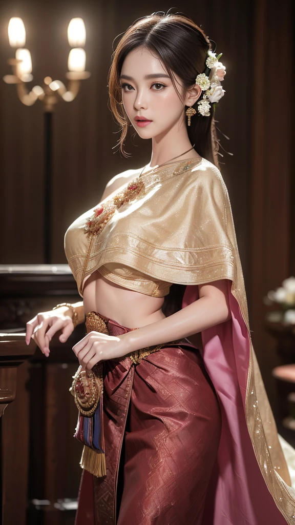 (raw photos:1.2), (realistic:1.4), (Masterpiece:1.3), (best quality:1.4), Ultra high resolution, (Detailed eyes), (Detailed facial features), (Detailed clothing features), HDR, 8K resolution, Focus only, Dressing according to Thai tradition, Traditional shawl , 1 woman , big breasts, A gigantic rift, big breastsดันเสื้อผ้า, big breast, Breasts are fully grown., Make your breasts bigger.., small waist, Long legs, Facing the audience, Full body, depth of field, Cinema-grade lighting system, big breasts,  too big for your body, Showing a flat stomach, 