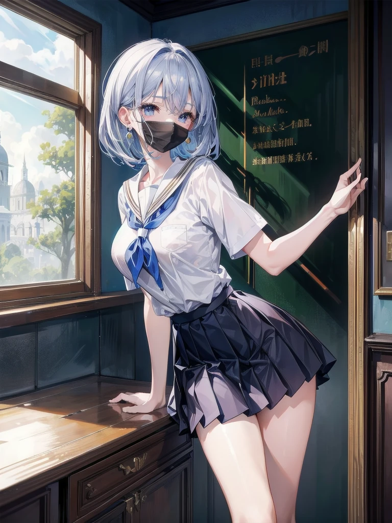 Woman in classroom, ((white crop top sailor suit)), blue student skirts, open navel, open belly, (show abdomen area), jia, pillory, crying , ((got canning by a man))