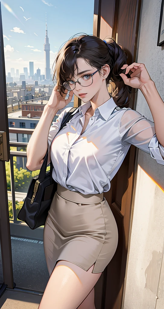 masterpiece, best quality, (wake up),distance, outdoors, city, market price,
1 girl, alone, Telegraph slang, 
office lady,glasses,muscular female,muscular