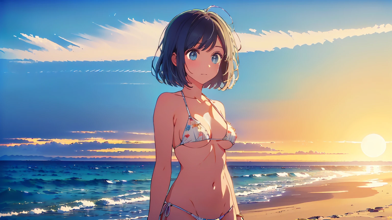 (Highest quality:1.4、masterpiece:1.4、Super detailed:1.4、8k:1.4)、((((1 person、Surprised expression、Standing on the beach in the setting sun、Sandy Beach、Micro Bikini、Very soft 、Big eyes、Very cute face))))、F cup bust、Medium breast、Underboob