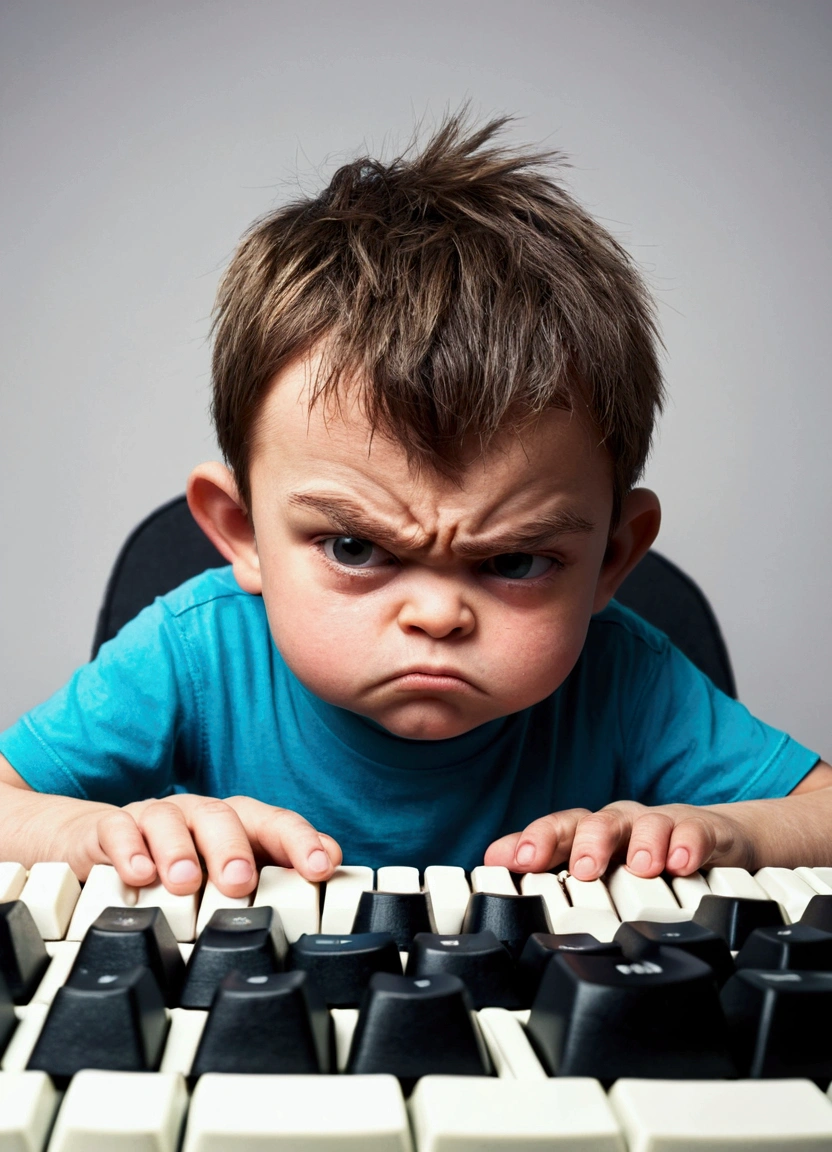 A grumpy boy,Smash the keyboard