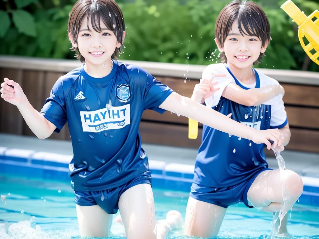 hot summer、、Summer swimming pool、Pouring water on each other、Get wet all over、Japan Boy、Glowing water splashes、Pool lessons、Boy playing in water、The happy boys、Strong sunlight、Short sleeve gym uniform、Blue shorts、barefoot，Boys only 、１０age、high resolution、masterpiece