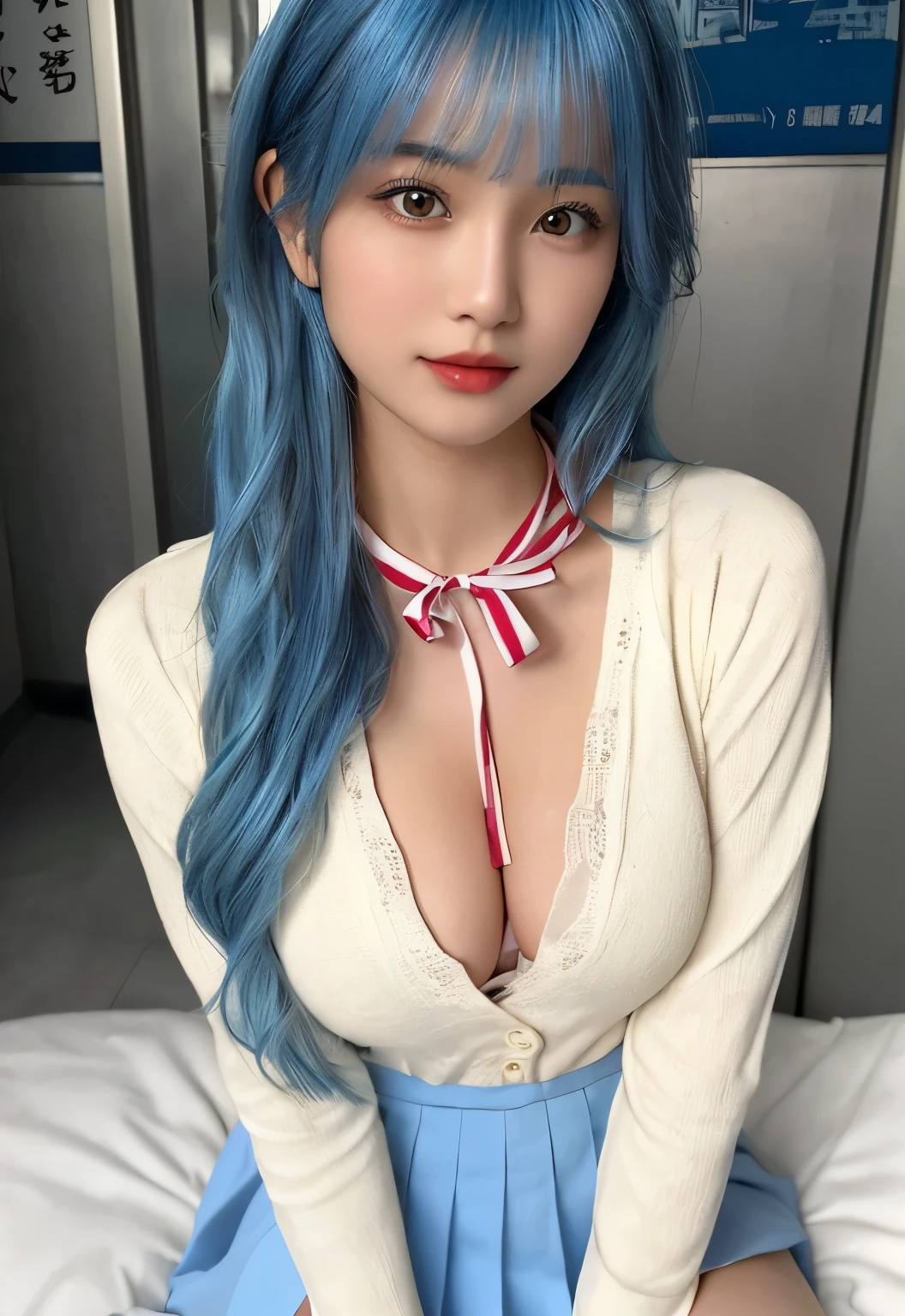 (ung girl), Anime girl with amazing face and blue eyes, 白衬衫和Blue Hair, Anime cute art style, Hestia, Cute girl anime visual, Hinake, Produced by Anime Painter Studio, Anime grandma, Ayaka Genshin Impact, 动漫the best女孩, Cartoon animation, Cute anime girl, qamoyed, Anime style 4k, Anime girl's eyes, blue eyes, (Very beautiful girl), (the bestquality:1.4), (Super detailed), (masterpiece, the best_quality, Super detailed, 8K, Ultra HD, Flawless:1.latin Blue Hair, Blue Hair,Catwoman,, Cat ears, Glowing pink eyes, Shy, obey, Blushed, Moist oily skin, on the bed, What's the big deal胸, Heart tattoo above, , What's the big deal腿粗, Beautiful hip curve, 巨What's the big deal, only, Tight skin, Scantily clad,White lace top, collar, For the audience, Windows, bedroom, midnight, Sexy,,Japanese Goddess, Cardigan Shirt, Korean Girl, 美丽的Asian Girls, V-neck dress, Low-cut,巨What's the big deal,Expose the upper half of the chest,Not compact,下垂的What's the big deal胸,Beautiful Chinese model, Beautiful young Korean woman, Japanese Models, thick lips,platypus,Asian Girls, Beautiful young Korean woman, Wear a shirt, Beautiful Korean woman, 坐on the bed, Looking ahead,巨What's the big deal,What's the big deal,up,Portraits,super closeup,Facing the camera,Be careful when taking photos,Double tail,,European and American women,,Mature in short skirt、Alafid (Alafid) Asian woman wearing bow tie sitting on train, Cute schoolgirl, Japanese schoolgirl, wearing Japanese school uniforms, Japanese school uniforms, a hyperPractical schoolgirl, Dressed as a schoolgirl, hyperPractical , Wear school uniform, Practical , 女孩Wear, Wear , A posture, whole body, Good skin, Radiant Skin, Beautiful thighs,Glowing thighs, Glowing Legs, (())