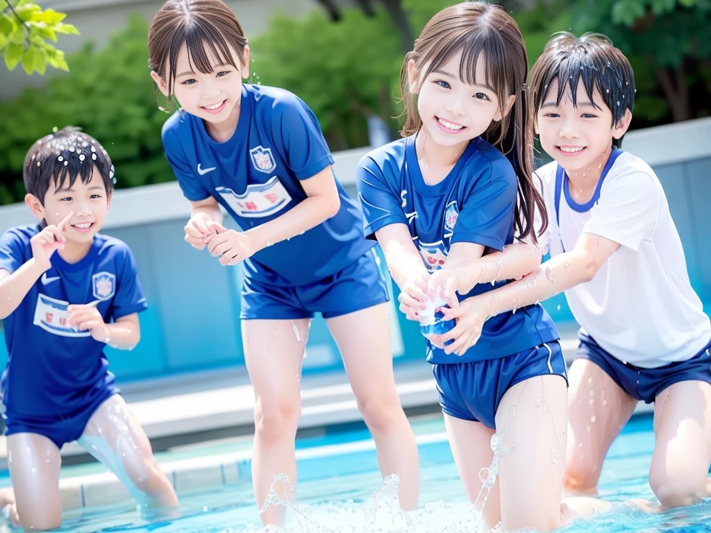 hot summer、primary school、Summer swimming pool、Pouring water on each other、Get wet all over、Japan Boy、Glowing water splashes、Pool lessons、Boy playing in water、The happy boys、Strong sunlight、Short sleeve gym uniform、Blue shorts、barefoot,Boys only 、10age、high resolution、masterpiece
