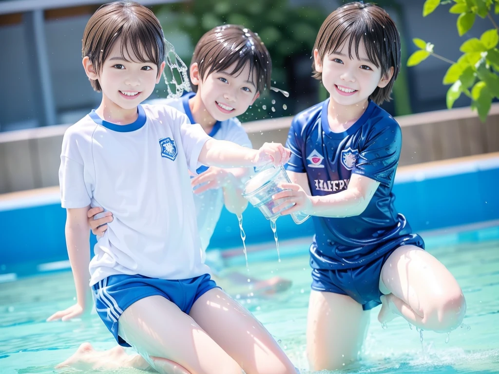 hot summer、、Summer swimming pool、Pouring water on each other、Get wet all over、Japan Boy、Glowing water splashes、Pool lessons、Boy playing in water、The happy boys、Strong sunlight、Short sleeve gym uniform、Blue shorts、barefoot,Boys only 、10age、high resolution、masterpiece