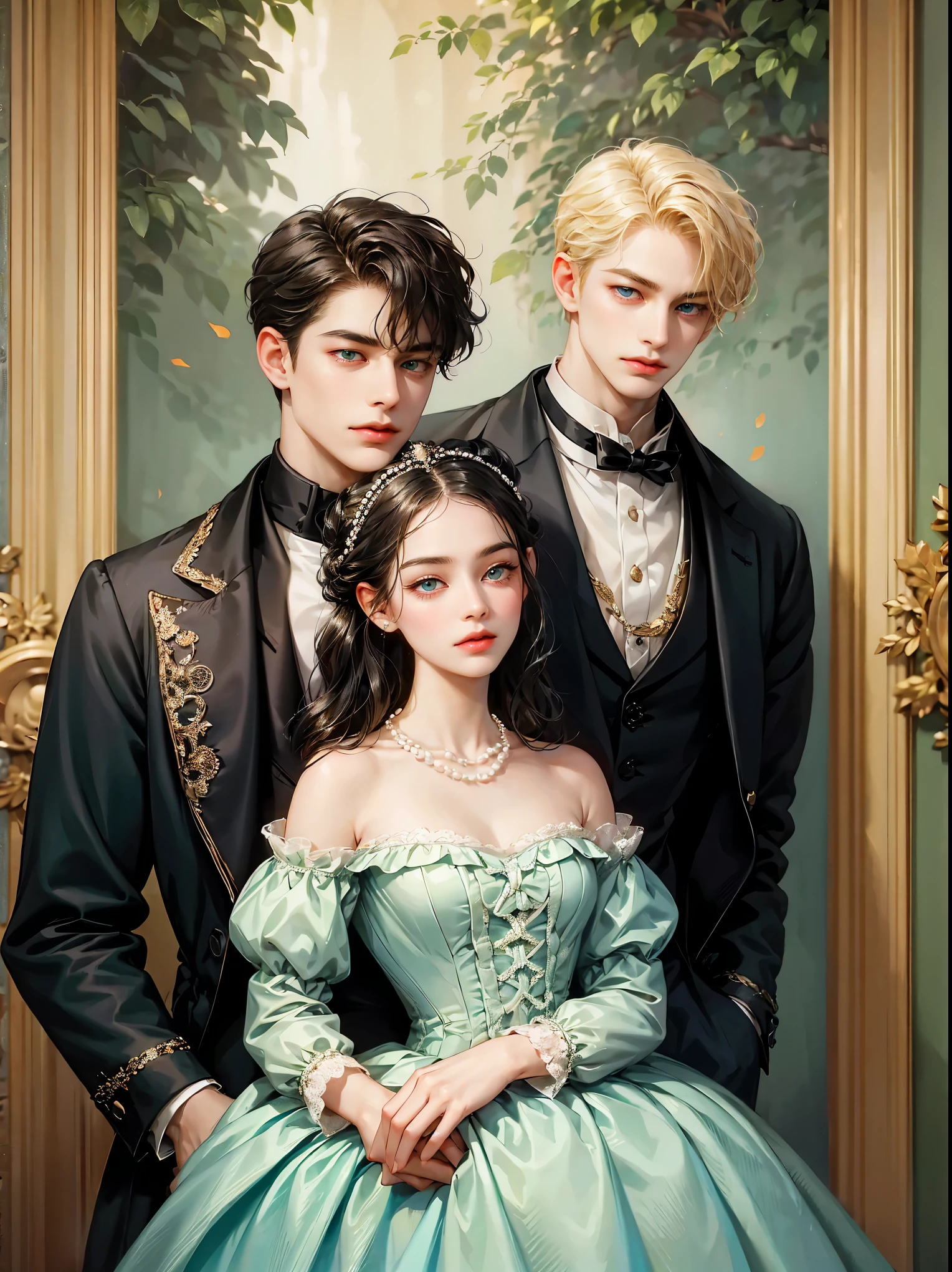 The boy has short blonde hair, wavy hair. He has sky blue eyes. No Asian somatic traits. He looks at the viewer. He wears a male Victorian era dress. Background inside of a hall