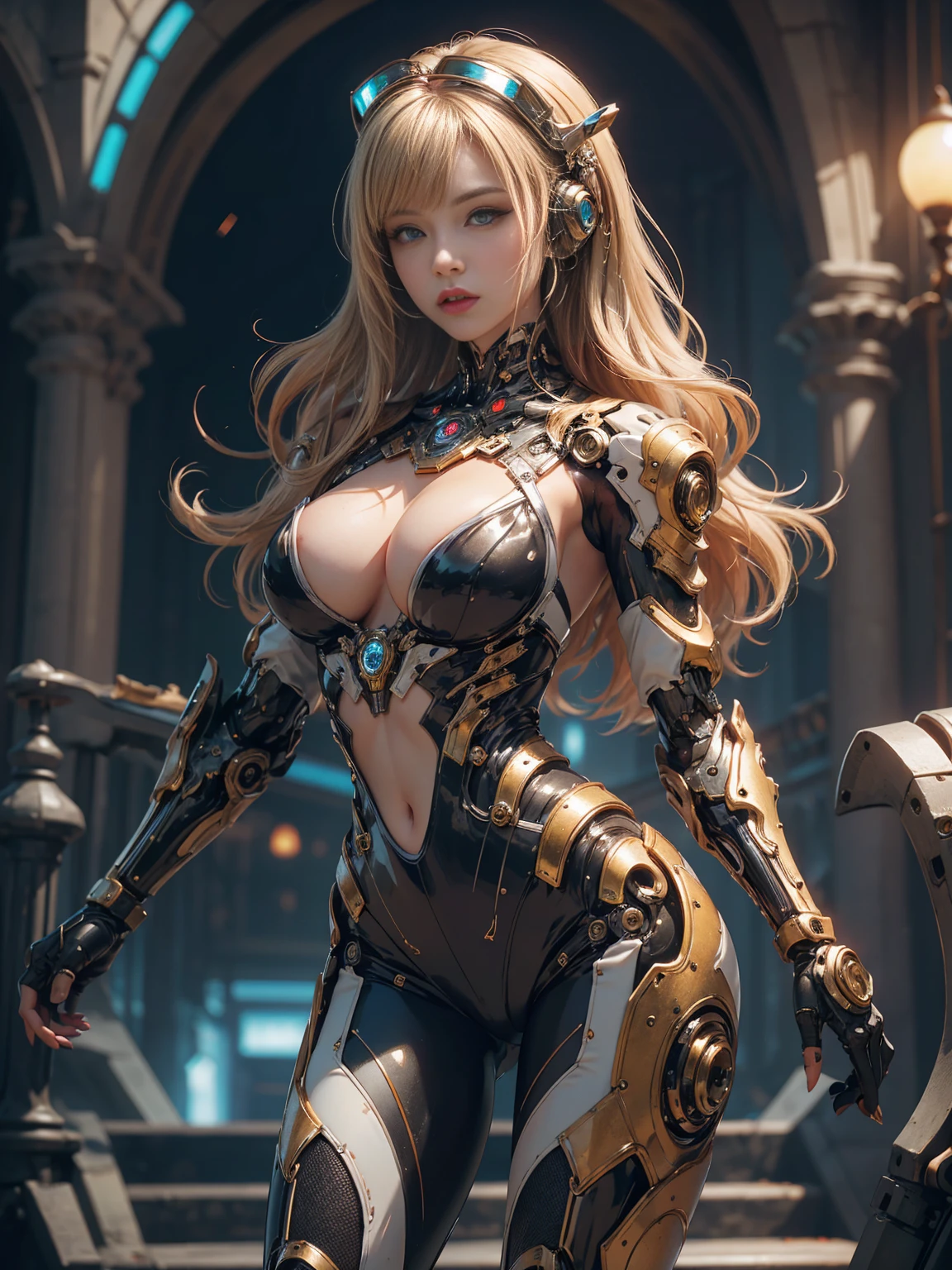 8k, top-quality, (pubic hair beauty)、hight resolution, lifelike, realperson、((masterpiece)), ((top-quality)), (The ultra-detailed), ((highly contrast)), (a high chroma), (Beautiful detail eyes), ((extremely delicate and beautiful)), (nice hand), ((perfect hand)), (Mechanical cyber city in the background), futuristic cities, summer, plein air, Girl on a motorcycle, Medium hair, blonde hair, asymmetrical bangs, beautiful detailed Glass hair, blue eyess, tiny chest, mechanical suit, ((shiny body)), (very shiny body), Clear, jewely、ornament detached、a gorgeous、opulent、magnificent、Illumination scattered throughout the body、Illumination brilliance、Roberto、cyborgs、android、body suit、((huge tit、Chest valley、beauty legs))