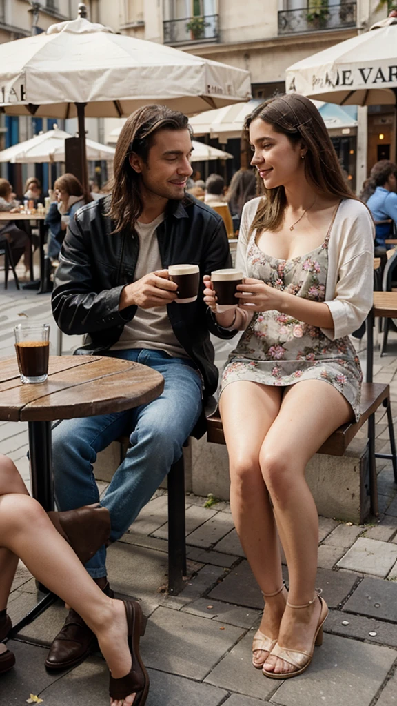 a couple, man and woman sitting on sidewalk cafe, coffee, round table, flowers, people around, paris sidewalk, europe, romantic, 
