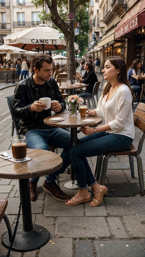 a couple, man and woman sitting on sidewalk cafe, coffee, round table, flowers, people around, paris sidewalk, europe, romantic, 