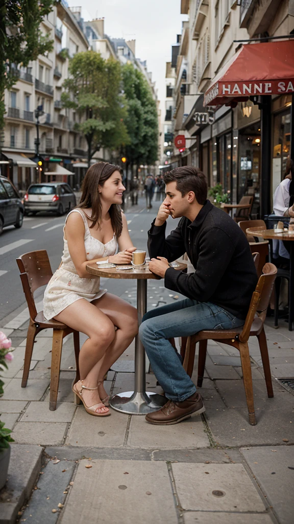 a couple, man and woman sitting on sidewalk cafe, coffee, round table, flowers, people around, paris sidewalk, europe, romantic, 