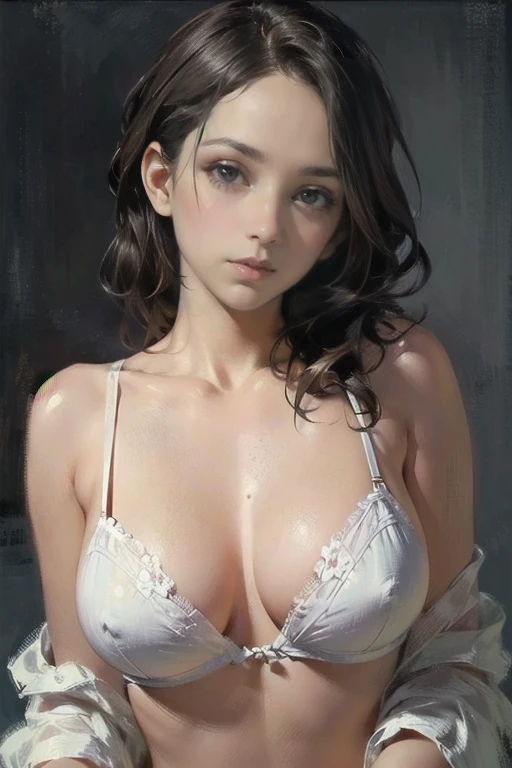 a sensual girl in the process of undressing, wearing a delicate white blouse and elegant lingerie, with beautiful detailed eyes, lips, and face, long eyelashes, freckles, and a beauty mark on her lower left eye, in a random, alluring pose, centrally framed with balanced composition, (best quality,4k,8k,highres,masterpiece:1.2),ultra-detailed,(realistic,photorealistic,photo-realistic:1.37),intricate details,exquisite,seductive,surreal,digital art
