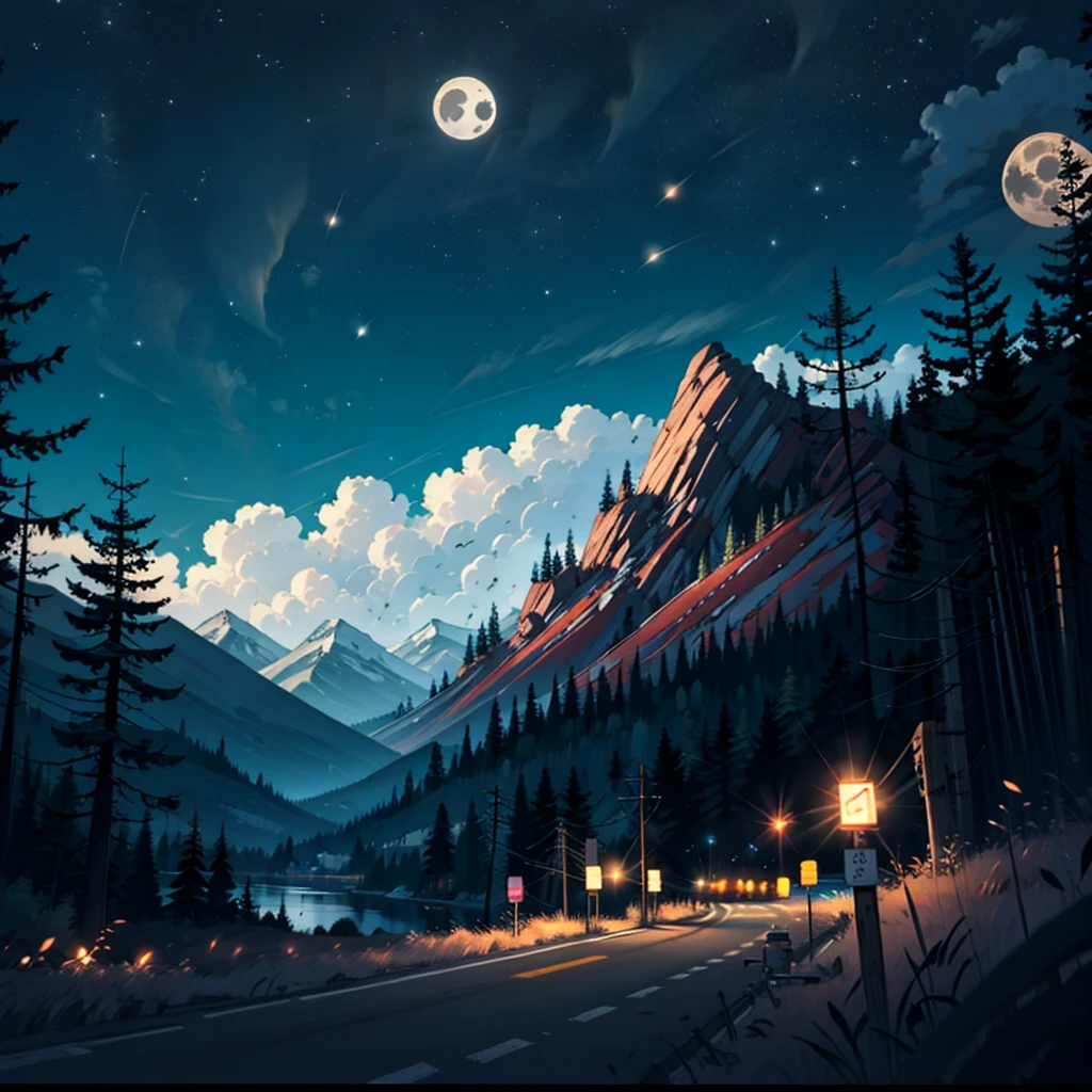 Road in the foreground Route 66 and mountains and trees in the background night moon in the background